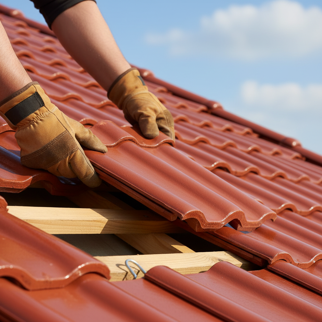 Zbiliżenie na dłonie dekarza w rękawicach, który precyzyjnie układa czerwoną, ceramiczną dachówkę na drewnianej łacie. W tle widać fragment dachu z już ułożonymi rzędami dachówek, co pokazuje proces pracy.