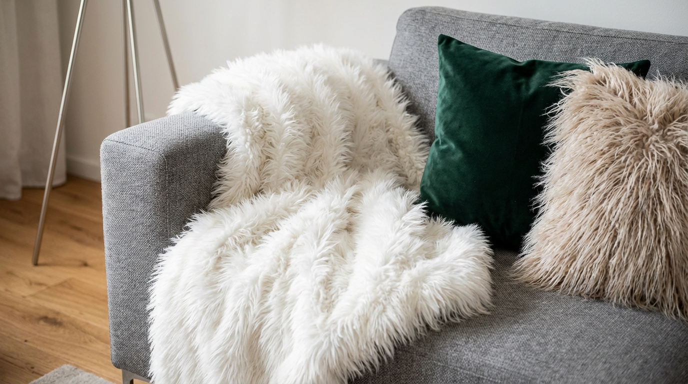 Zbliżenie na róg nowoczesnej, szarej sofy. Na niej leży duży, puszysty, biały koc z długim włosiem. Obok niego ułożone są dwie poduszki: jedna gładka w kolorze butelkowej zieleni, a druga również włochata, ale w odcieniu delikatnego beżu. Tło jest lekko rozmyte, ukazując fragment drewnianej podłogi i minimalistyczną lampę podłogową.