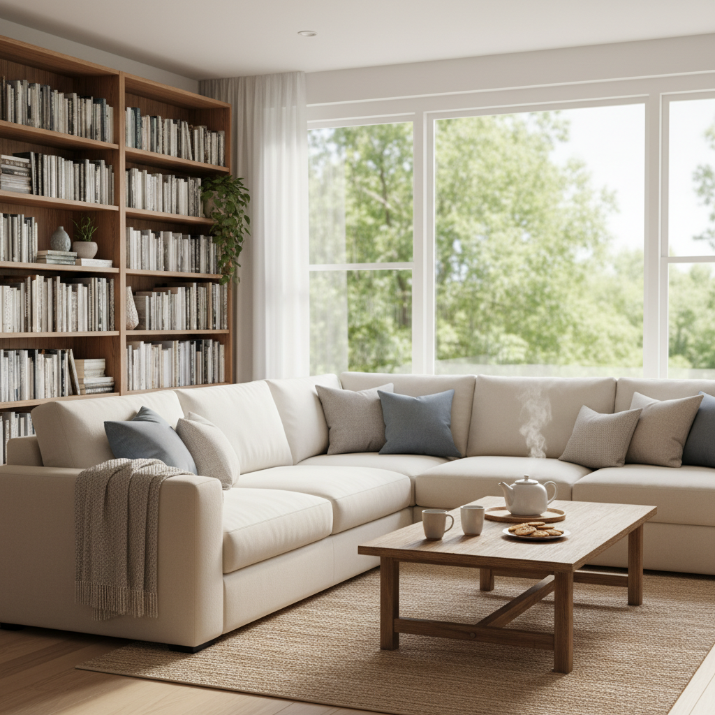 Jasne, przytulne wnętrze mieszkania z dużymi oknami wychodzącymi na zieleń. Wygodna sofa, regał z książkami i stolik z herbatą, tworzące atmosferę relaksu i spokoju.