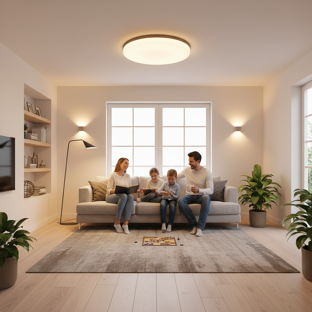 Jasne, nowocześnie urządzone wnętrze salonu z widocznymi różnymi źródłami światła LED – lampą sufitową, kinkietami i lampą stojącą. Ciepłe, przytulne światło tworzy przyjemną atmosferę. W tle widać rodzinę cieszącą się wspólnym czasem, co podkreśla komfort i oszczędność.