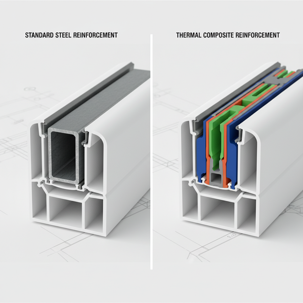 Porównanie przekroju profilu ze standardowym wzmocnieniem stalowym oraz profilu ze wzmocnieniem termicznym. Na jednym widać metalowy kształtownik, a na drugim nowoczesny, wielokolorowy kompozytowy wkład.