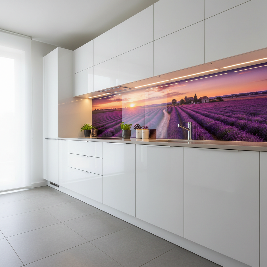 Jasna kuchnia z białymi, błyszczącymi frontami szafek. Ściana nad blatem pokryta jest szklanym panelem z nadrukiem przedstawiającym malowniczy krajobraz lawendowych pól w Prowansji o zachodzie słońca.