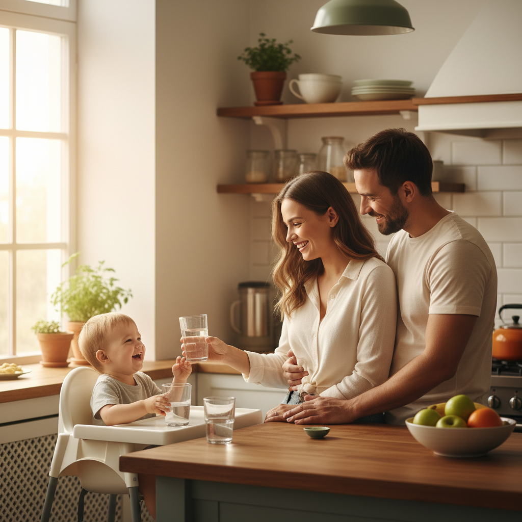 Ciepła, rodzinna scena w kuchni. Rodzice z uśmiechem podają dziecku szklankę czystej wody. Oświetlenie jest miękkie i naturalne, a cała scena emanuje spokojem, zdrowiem i poczuciem bezpieczeństwa.
