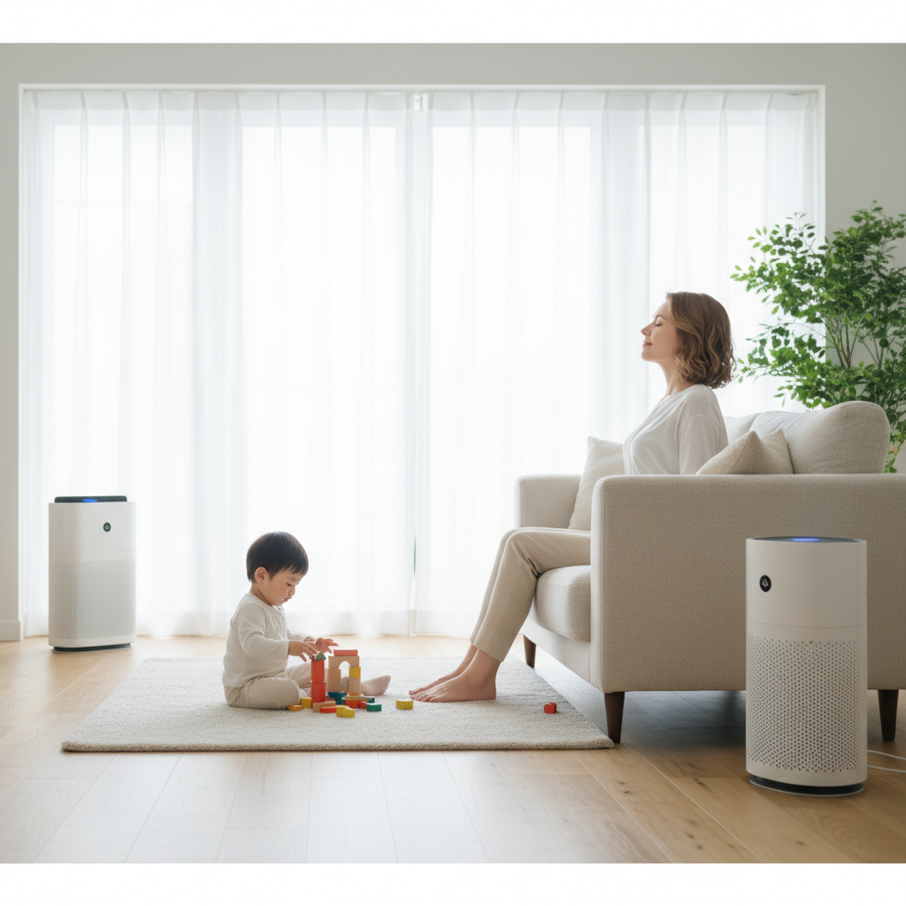 Jasny, przestronny salon z dużymi oknami, przez które wpada delikatne, poranne światło. Na pierwszym planie, na miękkim dywanie, bawi się małe dziecko, a obok niego na kanapie siedzi zrelaksowana kobieta, głęboko oddychając z uśmiechem. W rogu pokoju dyskretnie stoi nowoczesny, designerski oczyszczacz powietrza. Cała scena emanuje spokojem, czystością i poczuciem bezpieczeństwa.