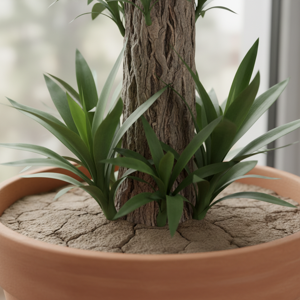 Zbliżenie na gruby, zdrewniały pień juki wychodzący z ziemi w doniczce. Ziemia jest lekko sucha na powierzchni, co sugeruje idealny moment przed kolejnym podlaniem. Widoczne zdrowe, zielone liście u podstawy.