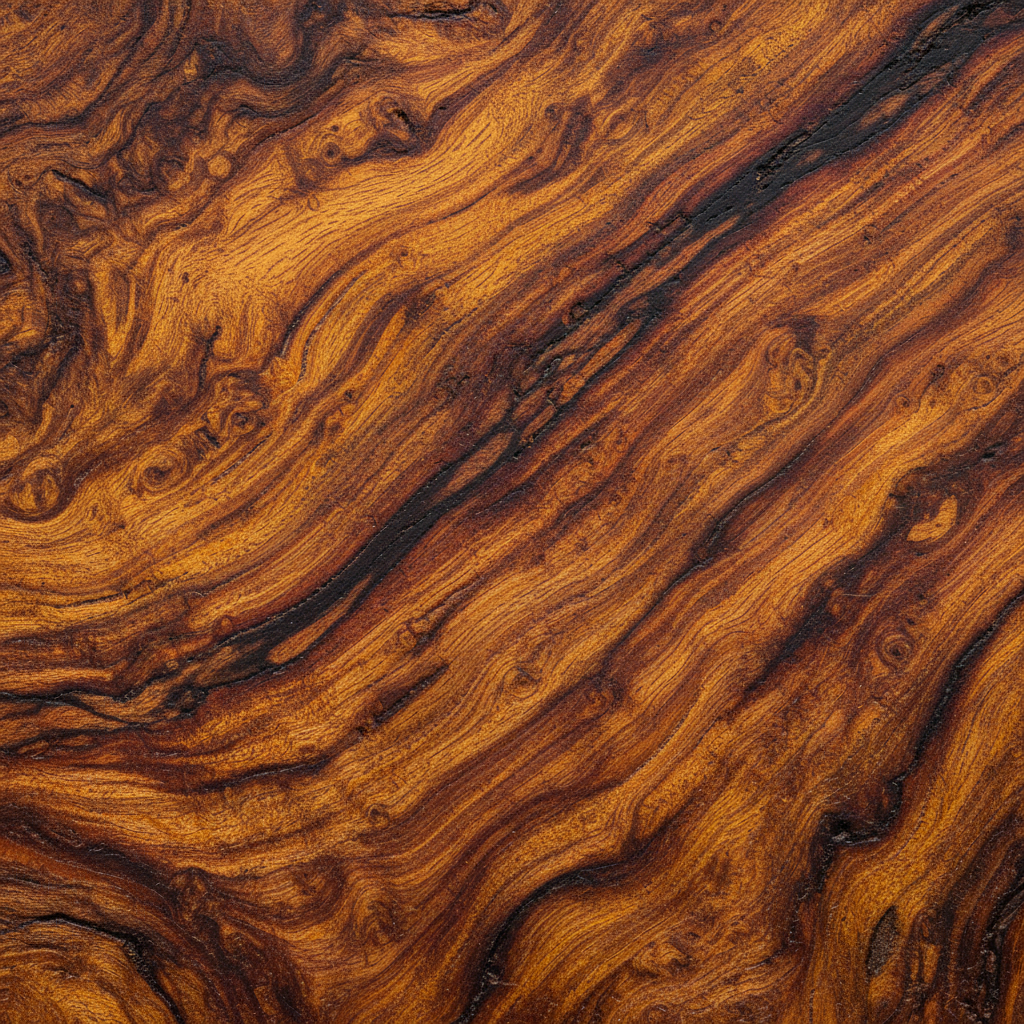 Artystyczne ujęcie makro ukazujące bogatą i złożoną strukturę usłojenia drewna egzotycznego. Ciepłe, naturalne światło pada na powierzchnię, wydobywając głębię kolorów i subtelne, oleiste refleksy.