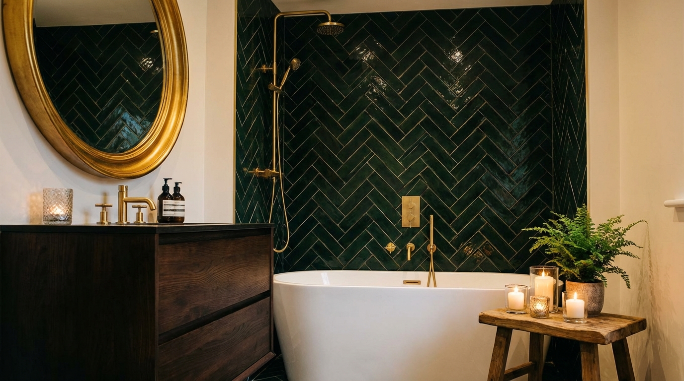 Elegancka łazienka z butelkowo-zielonymi płytkami w kształcie jodełki na ścianie za wolnostojącą wanną. Złota armatura i okrągłe lustro w złotej ramie dodają luksusowego charakteru. Na drewnianym stoliku obok wanny stoi kilka świec i roślina doniczkowa.