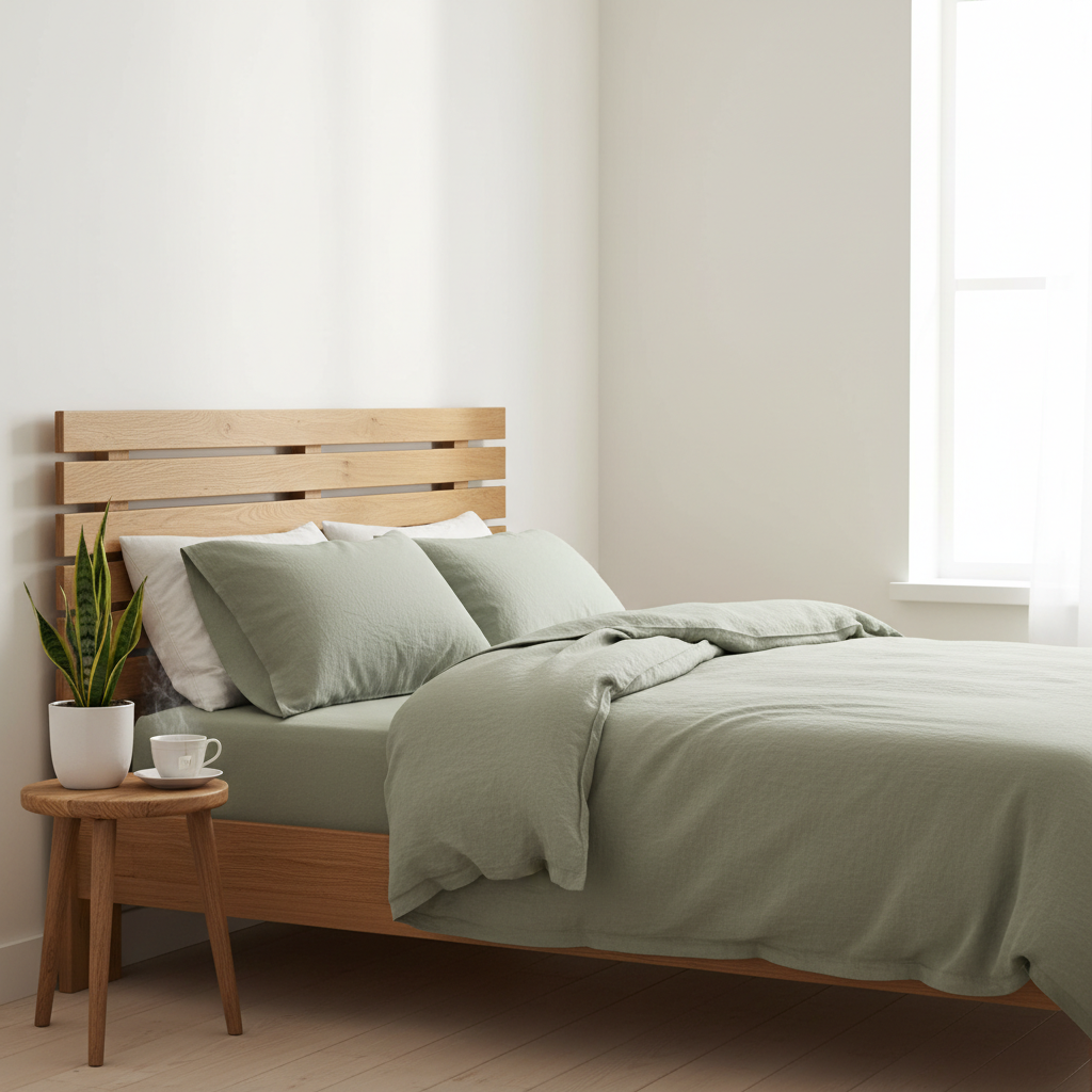 Minimalistyczna, jasna sypialnia z drewnianym wezgłowiem. Łóżko jest przykryte lnianą pościelą w kolorze szałwiowej zieleni. Pościel jest lekko pognieciona, co nadaje jej naturalny, swobodny wygląd. Obok łóżka, na drewnianym stołku nocnym, stoi mała roślina doniczkowa i filiżanka z ziołową herbatą. Przez okno wpada miękkie, poranne światło.