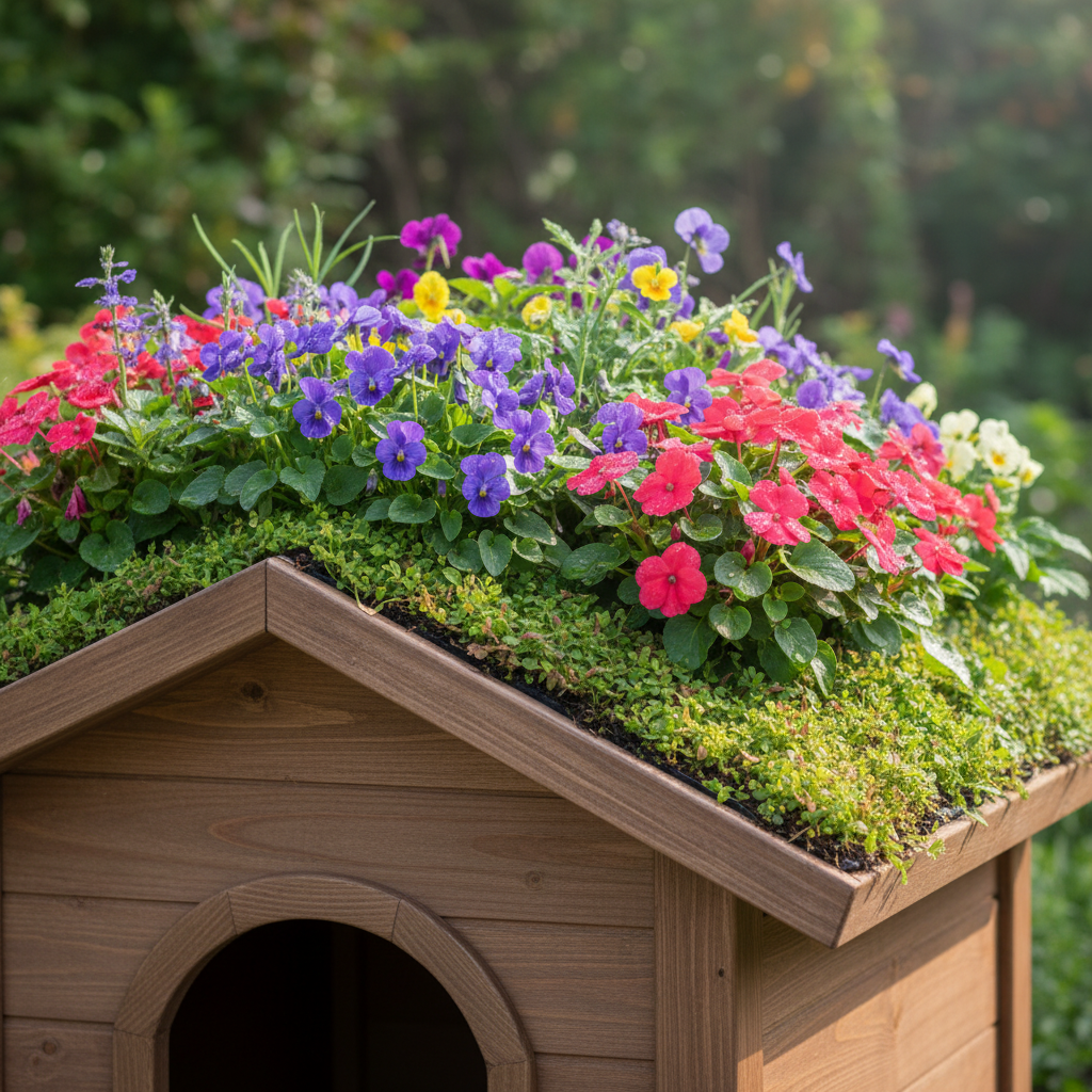 Zbliżenie na zielony dach mobilnej budy dla psa, obsadzony kolorowymi, nietrującymi kwiatami, takimi jak fiołki i niecierpki. Widać krople wody na liściach, co sugeruje świeżość i dbałość. Dach jest idealnie wkomponowany w drewnianą konstrukcję.