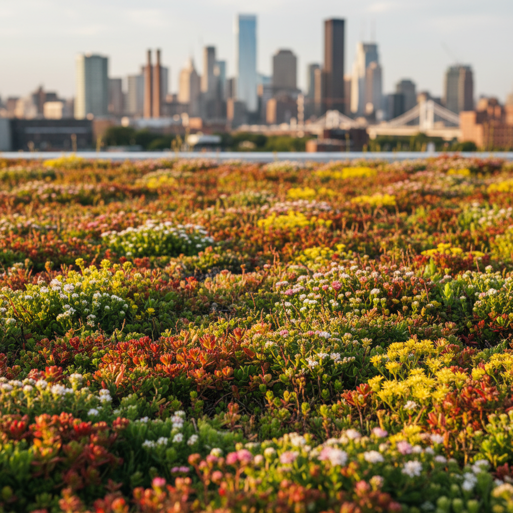 Zbliżenie na bujną, zieloną połać dachu ekstensywnego. Widać różnorodne gatunki rozchodników w odcieniach zieleni, czerwieni i żółci, kwitnące drobnymi kwiatami. W tle rozmyta panorama miasta, co tworzy kontrast między naturą a urbanistyką. Kadr jest pełen życia i tekstury.