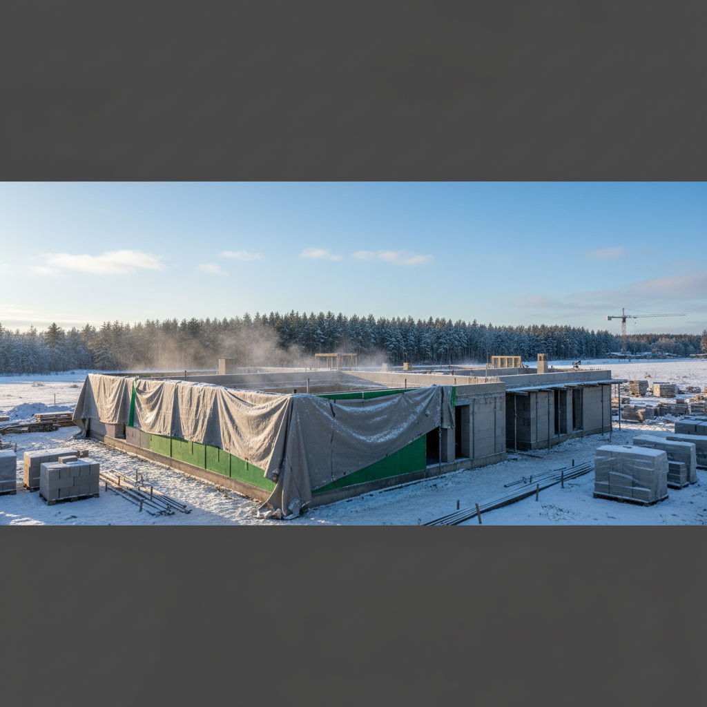 Szeroki kadr przedstawiający plac budowy domu jednorodzinnego w słoneczny, mroźny dzień. W tle widać ośnieżone drzewa i błękitne niebo. Na pierwszym planie znajdują się fundamenty lub ściany w trakcie budowy, częściowo przykryte plandekami i matami izolacyjnymi. Para wodna unosi się z miejsca, gdzie prowadzone są prace. Całość ma spokojny, profesjonalny i nieco surowy, ale optymistyczny charakter.