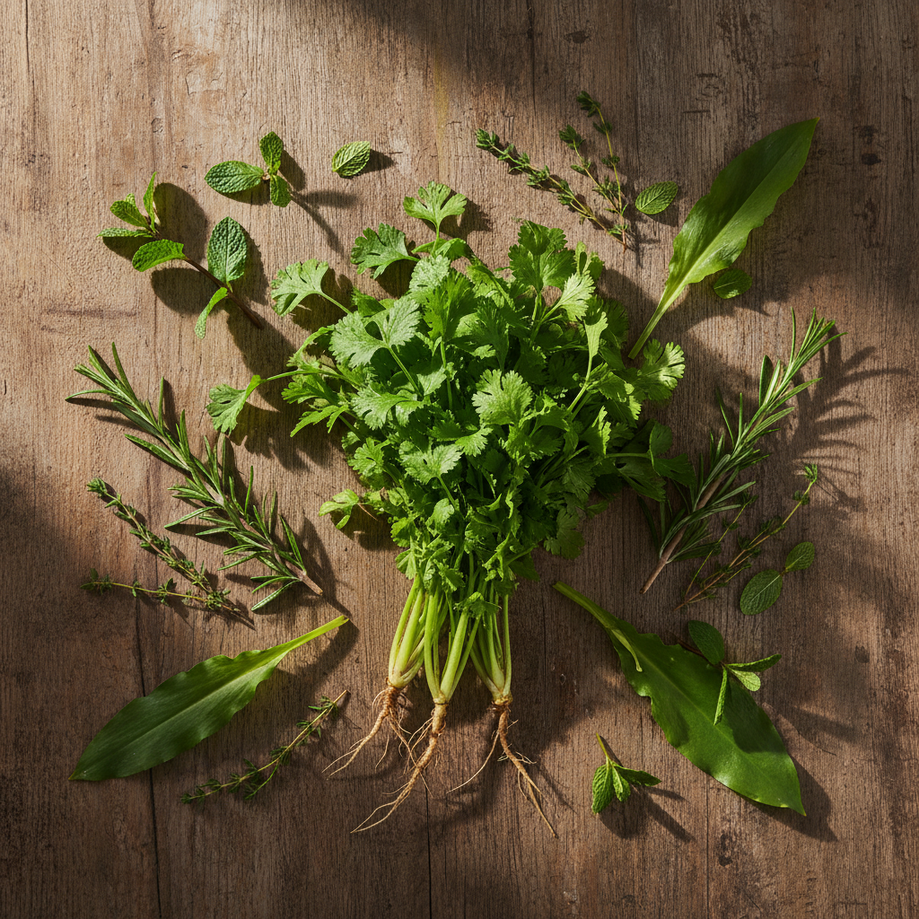 Zdjęcie z lotu ptaka (flat lay) przedstawiające rustykalny drewniany stół, na którym artystycznie rozłożono świeżo zebrane zioła. W centrum znajduje się duży pęczek soczystej kolendry, a wokół niego gałązki rozmarynu, tymianku, świeże listki mięty oraz szerokie liście czosnku niedźwiedziego. Kompozycja jest apetyczna i naturalna, oświetlona ciepłym, porannym słońcem. Stylistyka profesjonalnej fotografii kulinarnej.