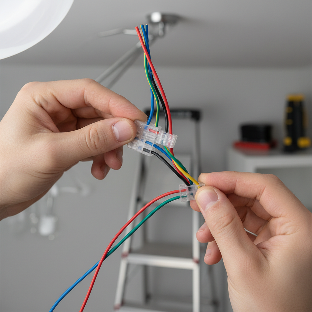 Dłonie elektryka lub majsterkowicza w trakcie podłączania żyrandola za pomocą uniwersalnych złączek. Widoczne jest, jak łatwo i czysto można połączyć kilka przewodów w jednej złączce. Tło rozmyte, skupienie na rękach i złączkach.