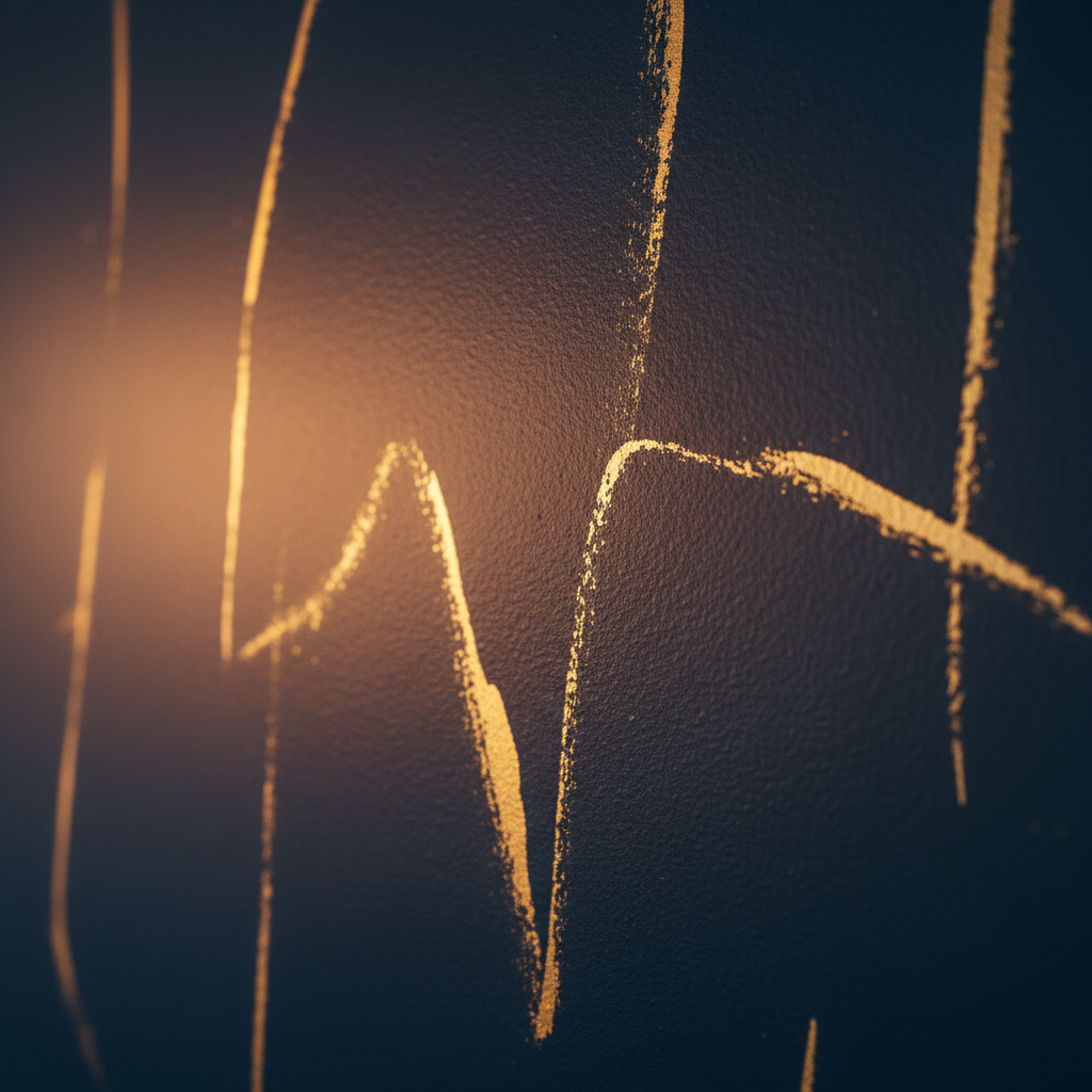 Zbliżenie na fragment ściany w kolorze głębokiego granatu, na której widoczne są artystyczne, nieregularne pociągnięcia pędzla wykonane złotą bejcą dekoracyjną. Światło z pobliskiej lampy tworzy na ścianie ciepłe, połyskujące refleksy, nadając całości luksusowego i eleganckiego charakteru.