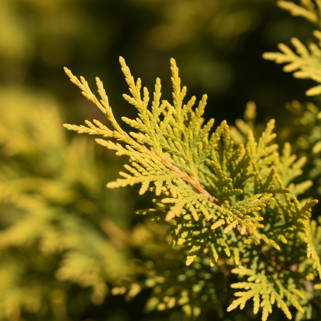 Makro zbliżenie na gałązki żywotnika 'Europe Gold' w słoneczny dzień. Widać wyraźnie strukturę płaskich łusek, a światło słoneczne wydobywa ich intensywny, złocisto-zielony kolor. Tło jest delikatnie rozmyte, skupiając całą uwagę na detalach rośliny. Obraz emanuje świeżością i witalnością.