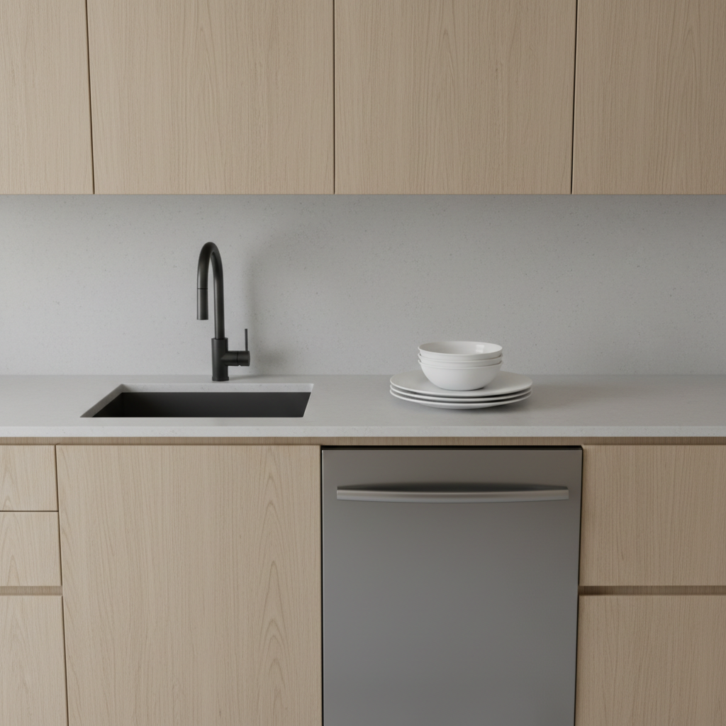 Ujęcie z góry na fragment blatu kuchennego. Widać elegancki, czarny zlewozmywak z nowoczesną baterią. Tuż obok, idealnie wpasowana w linię mebli, znajduje się zmywarka. Na blacie leży kilka czystych talerzy, sugerując funkcjonalność i wygodę tego rozwiązania.