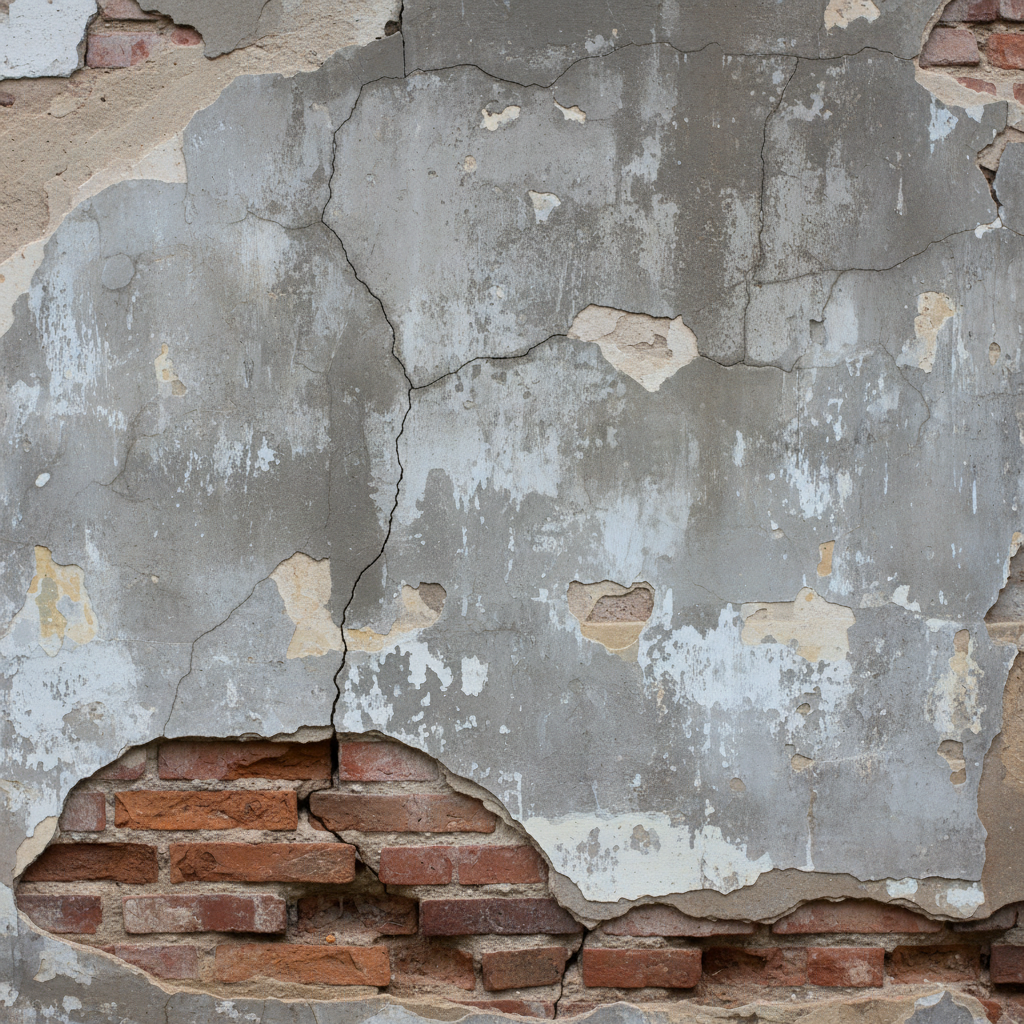 Zbliżenie na fragment starej, zniszczonej ściany domu. Widoczne są liczne pęknięcia, odspojony i odpadający tynk w kolorze brudnej szarości. W niektórych miejscach widać odsłoniętą cegłę. Obraz ma surowy, dokumentalny charakter, pokazujący problem, który wymaga natychmiastowej interwencji.
