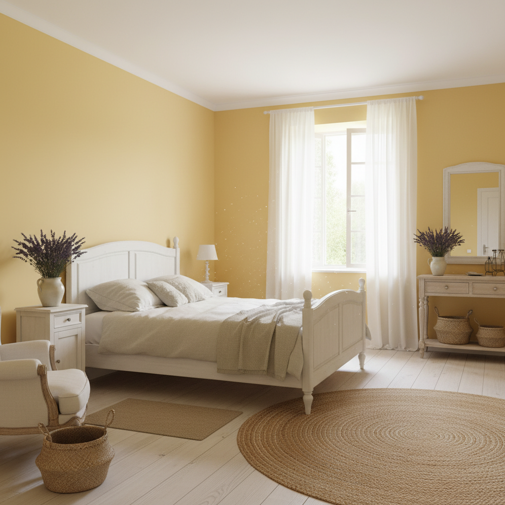 Jasna i przestronna sypialnia w stylu prowansalskim. Ściany pomalowane są na ciepły, słoneczny odcień żółci Lemon sorbet. W centrum stoi duże, białe, drewniane łóżko z lnianą pościelą. Na szafce nocnej stoi bukiet świeżej lawendy w ceramicznym wazonie. Przez otwarte okno z lekkimi, białymi zasłonami wpada delikatne światło słoneczne.