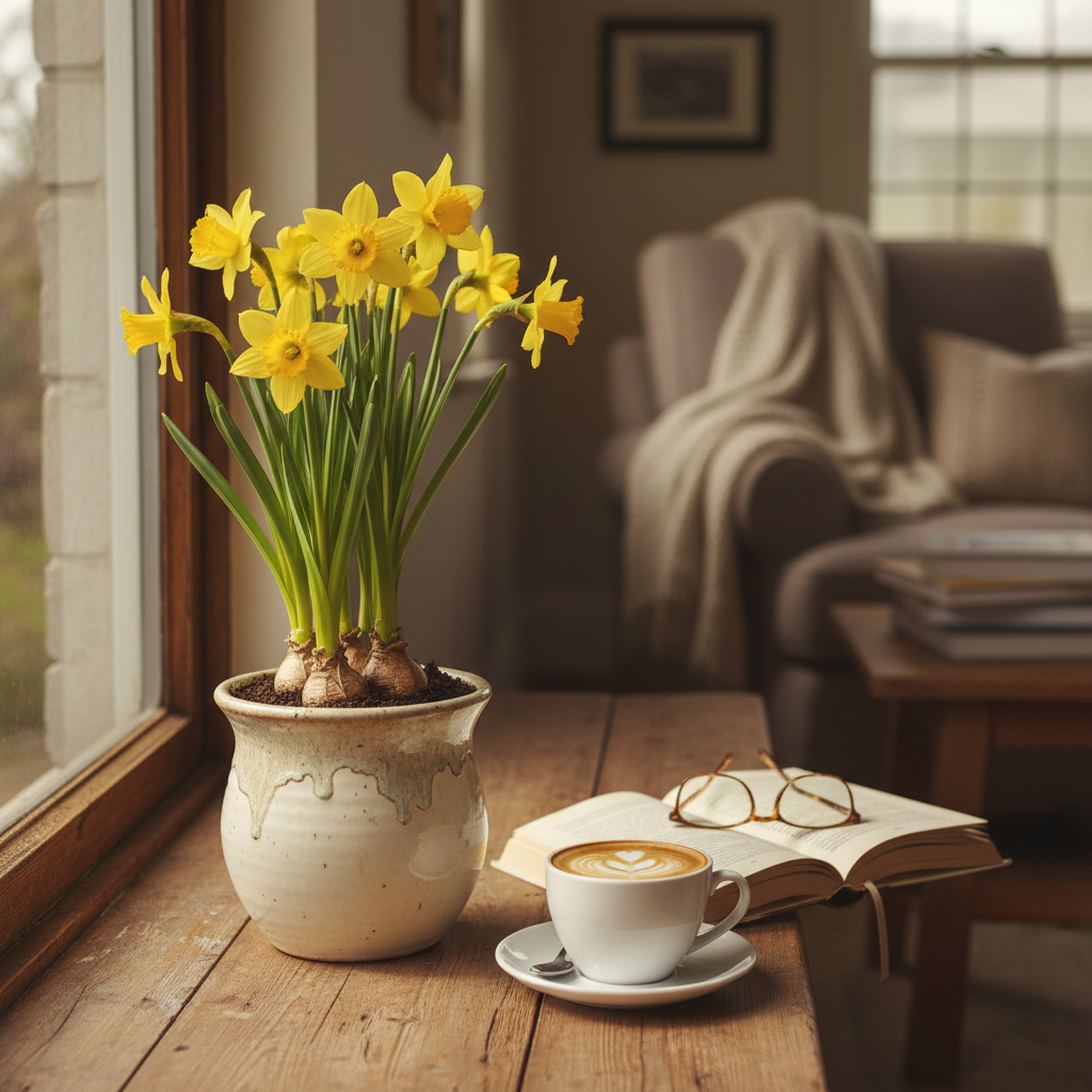 Piękna, wiosenna kompozycja z intensywnie żółtymi żonkilami w stylowej, ceramicznej doniczce, stojąca na drewnianym parapecie w jasno oświetlonym salonie, obok filiżanki kawy i otwartej książki, tworząc przytulną, domową atmosferę.