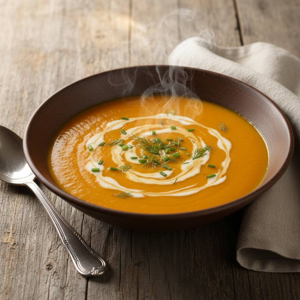 Pięknie wystylizowana, głęboka miseczka z parującą, pomarańczową zupą krem z marchewki. Na powierzchni zupy widoczny jest artystyczny kleks ze śmietany i posiekane świeże zioła. Miseczka stoi na rustykalnym, drewnianym stole obok lnianej serwetki i eleganckiej łyżki. Ciepłe, zachęcające oświetlenie sprawia, że danie wygląda niezwykle apetycznie i profesjonalnie.