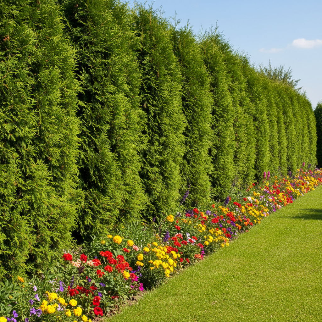 Długi, idealnie przycięty i gęsty żywopłot z tui szmaragdowej w pełnym słońcu, otaczający zadbany ogród z zielonym trawnikiem i kwitnącymi rabatami. Zdjęcie wykonane w letni, słoneczny dzień, podkreślające soczystą, szmaragdową zieleń igieł.