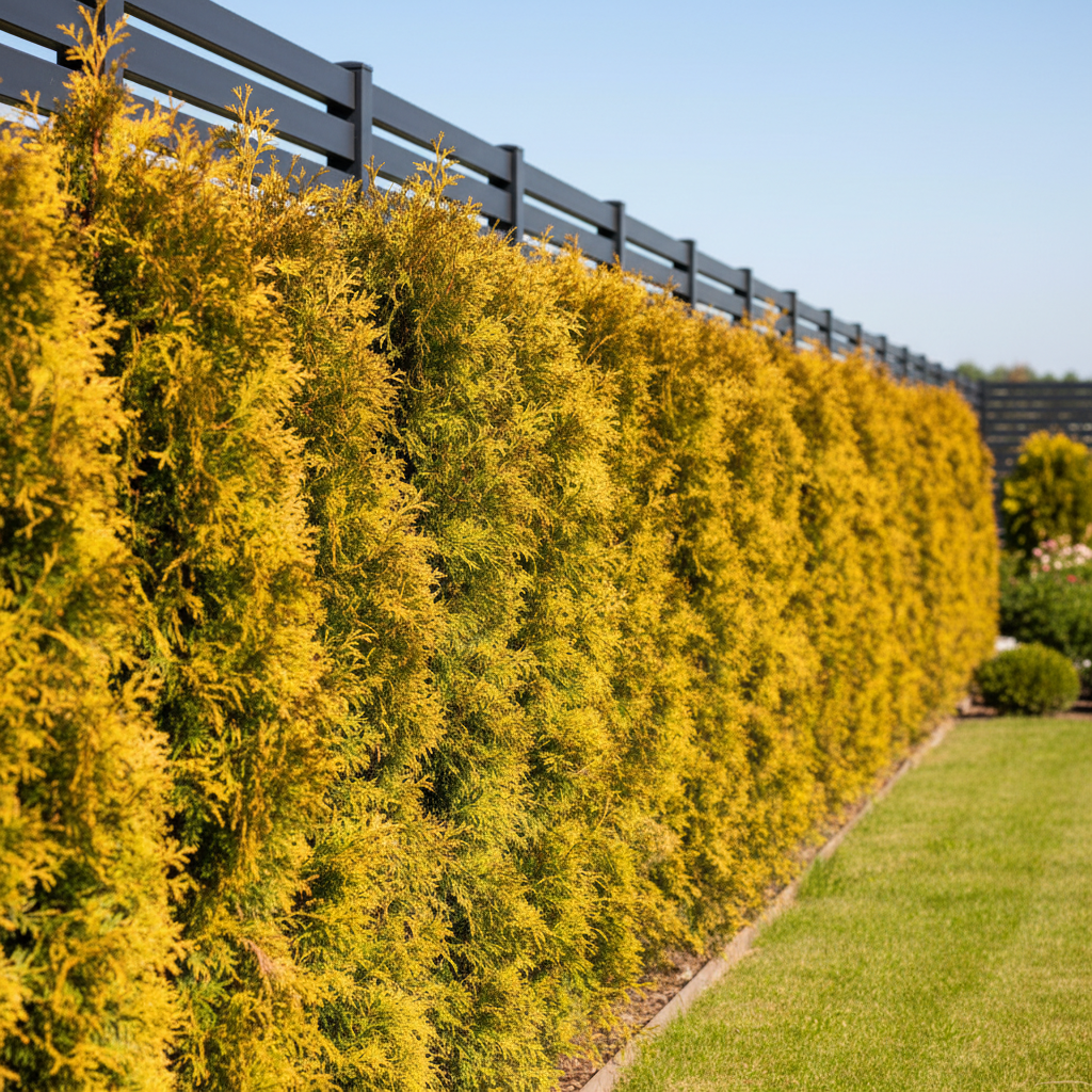 Długi, idealnie przycięty żywopłot z żywotnika 'Europe Gold' biegnący wzdłuż nowoczesnego ogrodzenia. Słońce oświetla go od frontu, co sprawia, że cała ściana mieni się odcieniami złota i żółci. Żywopłot jest gęsty i zdrowy, tworząc wyrazistą, kolorową linię w krajobrazie ogrodu.