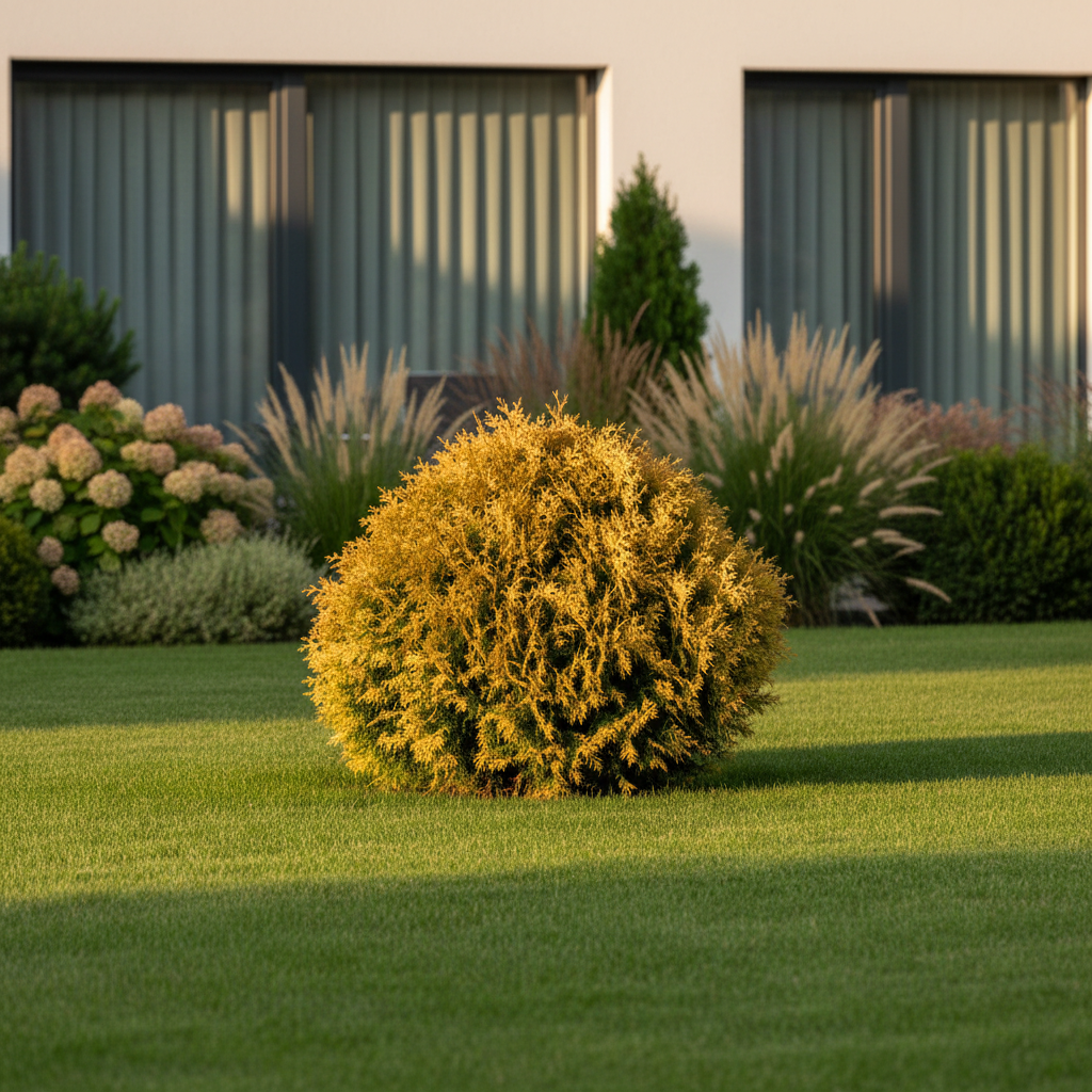 Piękny, zdrowy okaz żywotnika zachodniego 'Europe Gold' rosnący jako soliter na tle idealnie przystrzyżonego, zielonego trawnika. Słońce świeci z boku, podkreślając złocistą barwę łusek. W tle widać fragment nowoczesnego domu i inne rośliny ogrodowe, tworząc spójną, estetyczną kompozycję. Zdjęcie w stylu fotografii lifestylowej, ciepłe, zachęcające oświetlenie.