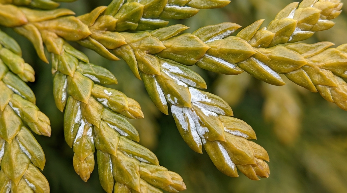 Zdjęcie makro ukazujące unikalną strukturę szeroko spłaszczonych gałązek żywotnikowca japońskiego 'Aurea'. Widać wyraźnie duże, błyszczące, łuskowate igły w odcieniach złota i zieleni. Na spodniej stronie niektórych łusek widoczne są charakterystyczne białe, kredowe plamki. Całość skąpana jest w miękkim, rozproszonym świetle.