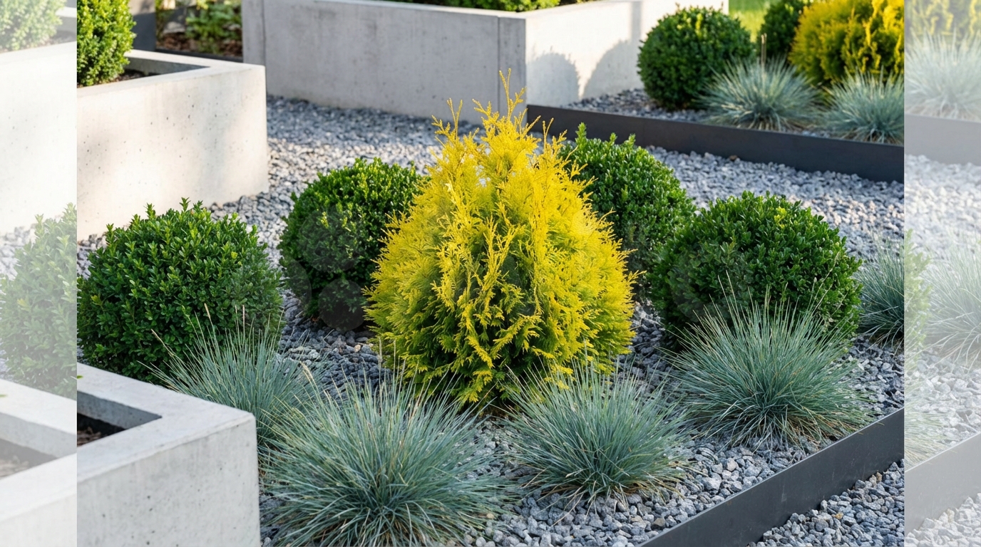 Stylowa aranżacja w nowoczesnym ogrodzie, gdzie żywotnikowiec japoński 'Aurea' stanowi jasny, złocisty akcent kolorystyczny. Rośnie on na rabacie wysypanej szarym grysem, w towarzystwie kulistych, ciemnozielonych bukszpanów i kilku kęp ozdobnych traw o niebieskawym zabarwieniu. Kompozycja podkreśla kontrast form i kolorów.