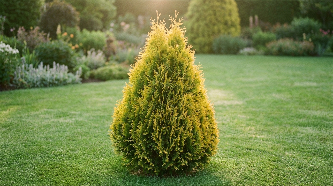 Majestatyczny, dorosły okaz żywotnikowca japońskiego 'Aurea' rosnący jako soliter na idealnie przystrzyżonym, zielonym trawniku. Miękkie, poranne światło słoneczne podkreśla jego złocisto-żółte igły i gęsty, stożkowy pokrój. W tle widać zadbany ogród z innymi roślinami, które są lekko rozmyte, aby główny bohater zdjęcia był w centrum uwagi.