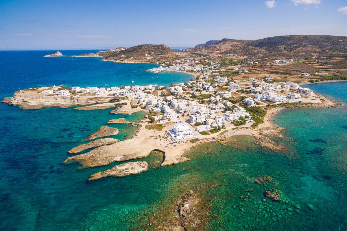 Pollonia vilage in Milos island, drone view.