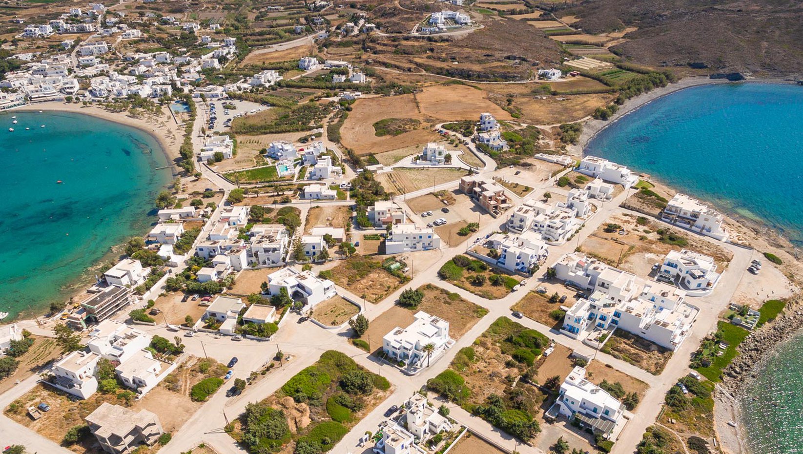 Pollonia vilage in Milos island, drone view.