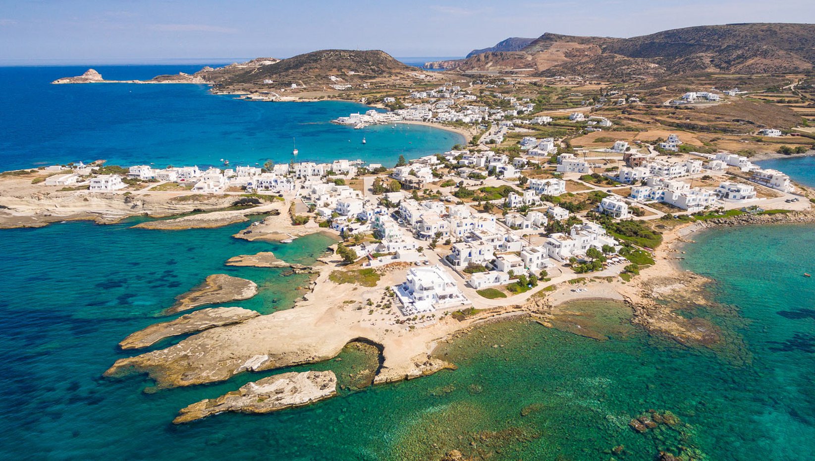 Pollonia vilage in Milos island, drone view.