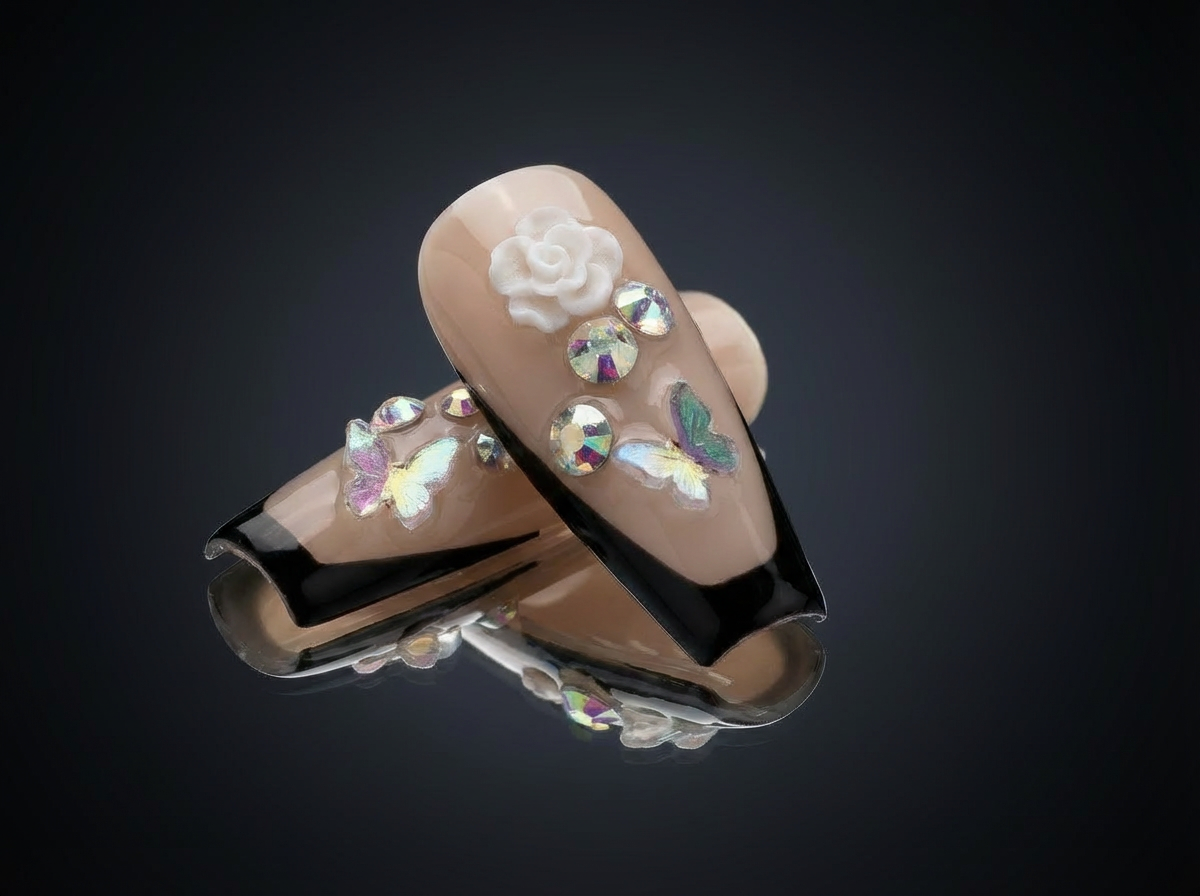 Sparkling Romance 5D Coffin Press-On Nails with 3D rose, butterflies, and rhinestones on a reflective surface.