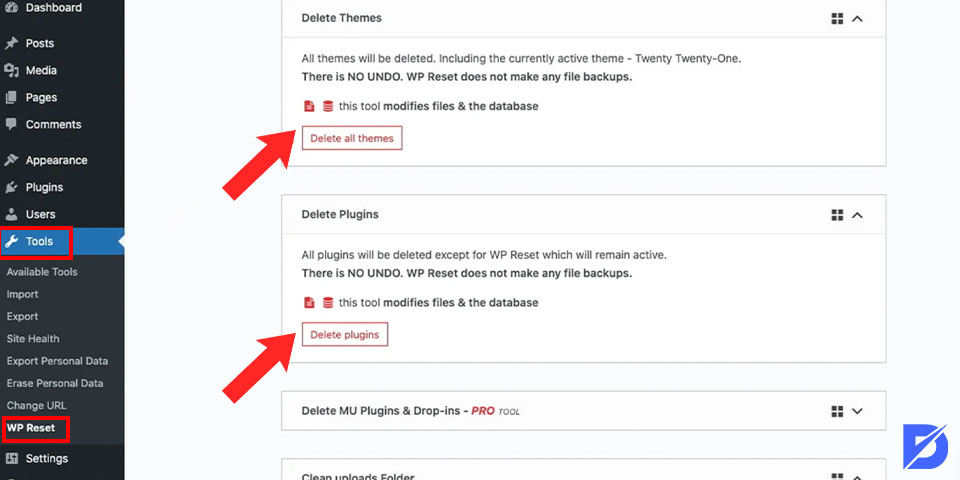 deleting all themes and plugins