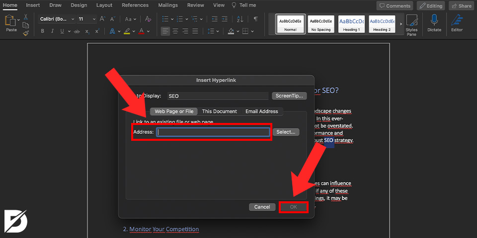 adding hyperlink to word file