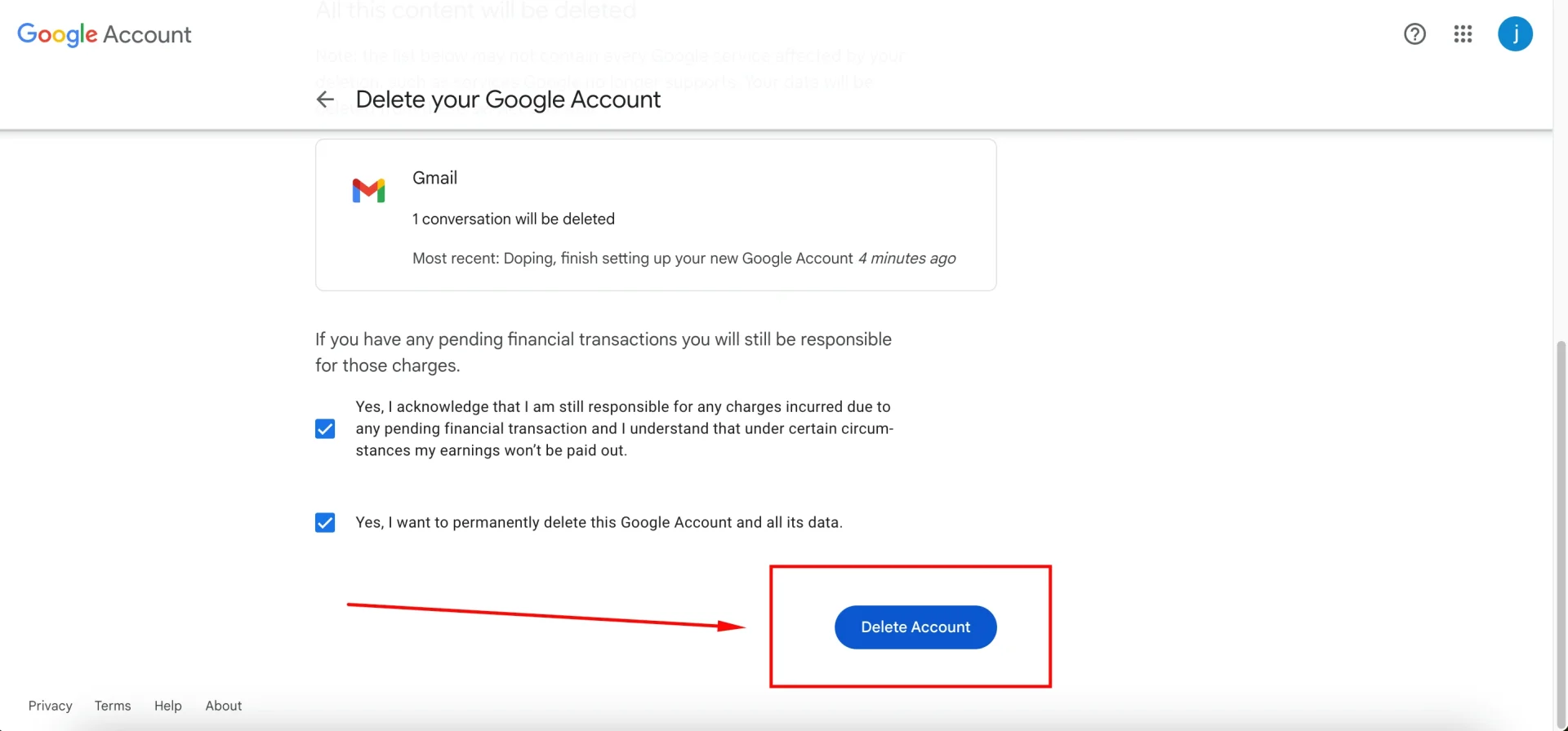 Delete Google Account Step 4