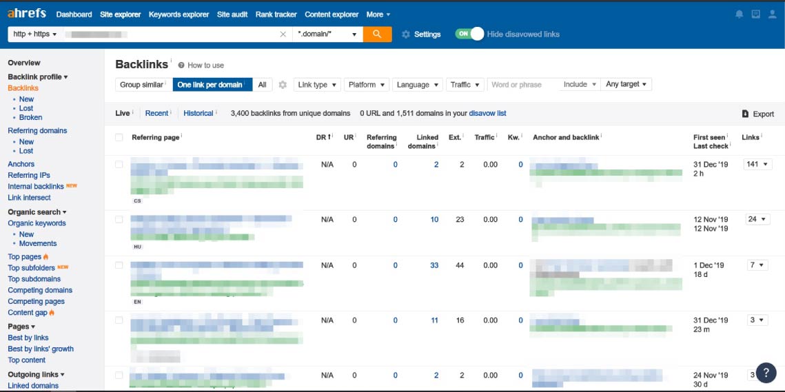 Ahrefs Backlinks tool to find Negative SEO links