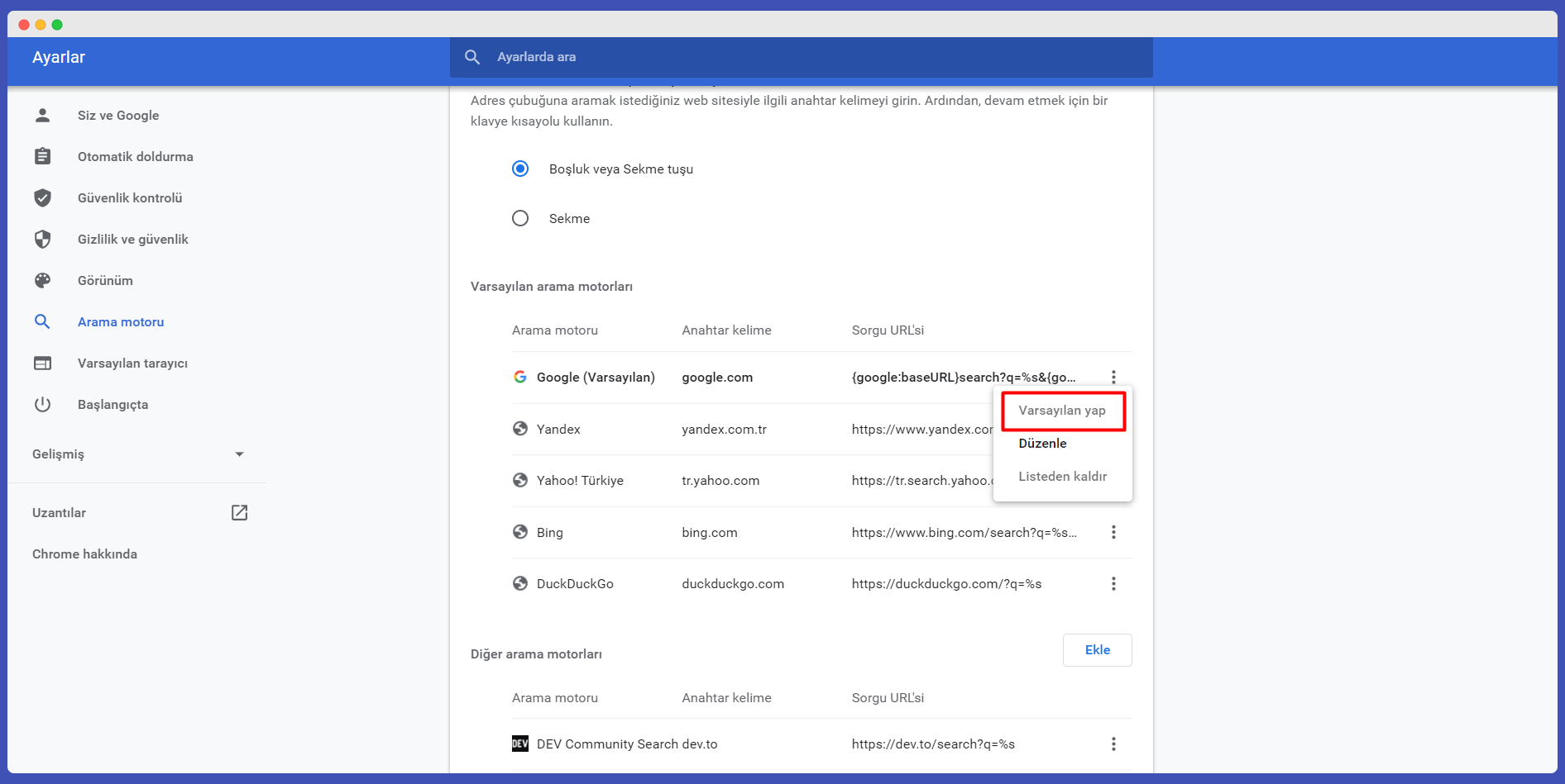 google chrome arama motoru değiştirme