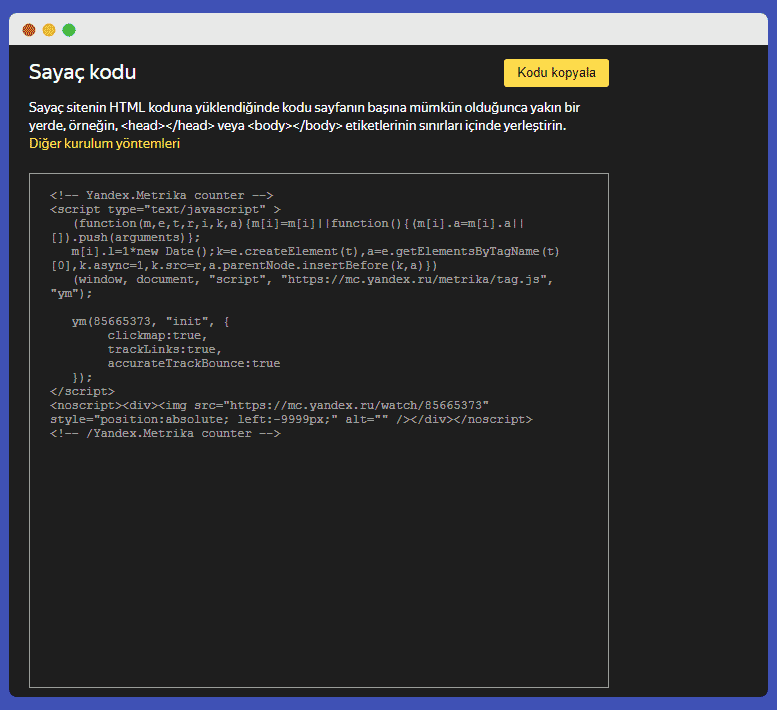 yandex metrica sayaç kodu