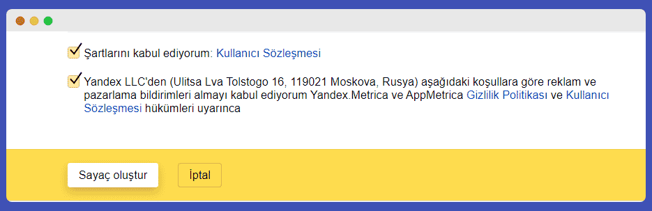 yandex metrica sayaç oluştur