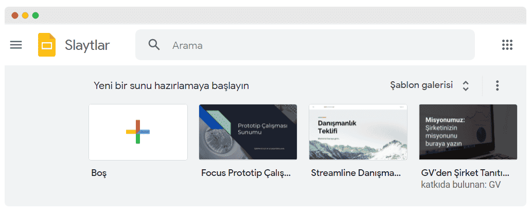 Google slides yeni bir sunu hazırla
