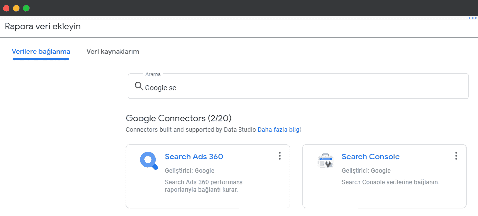 data studio seo raporu için veri kaynağı seçmek