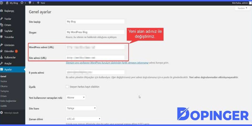 wordpress url adresi değiştirme