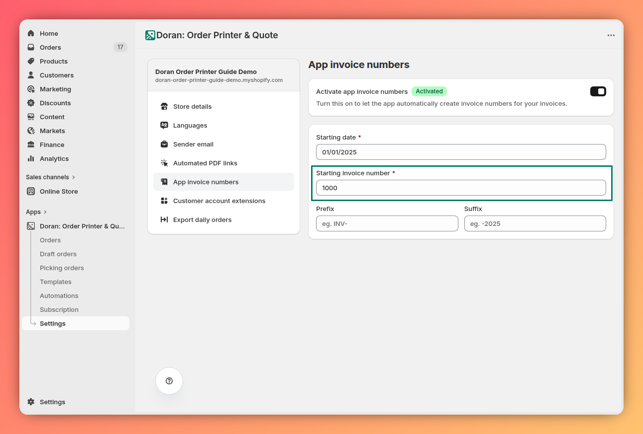 Starting invoice number