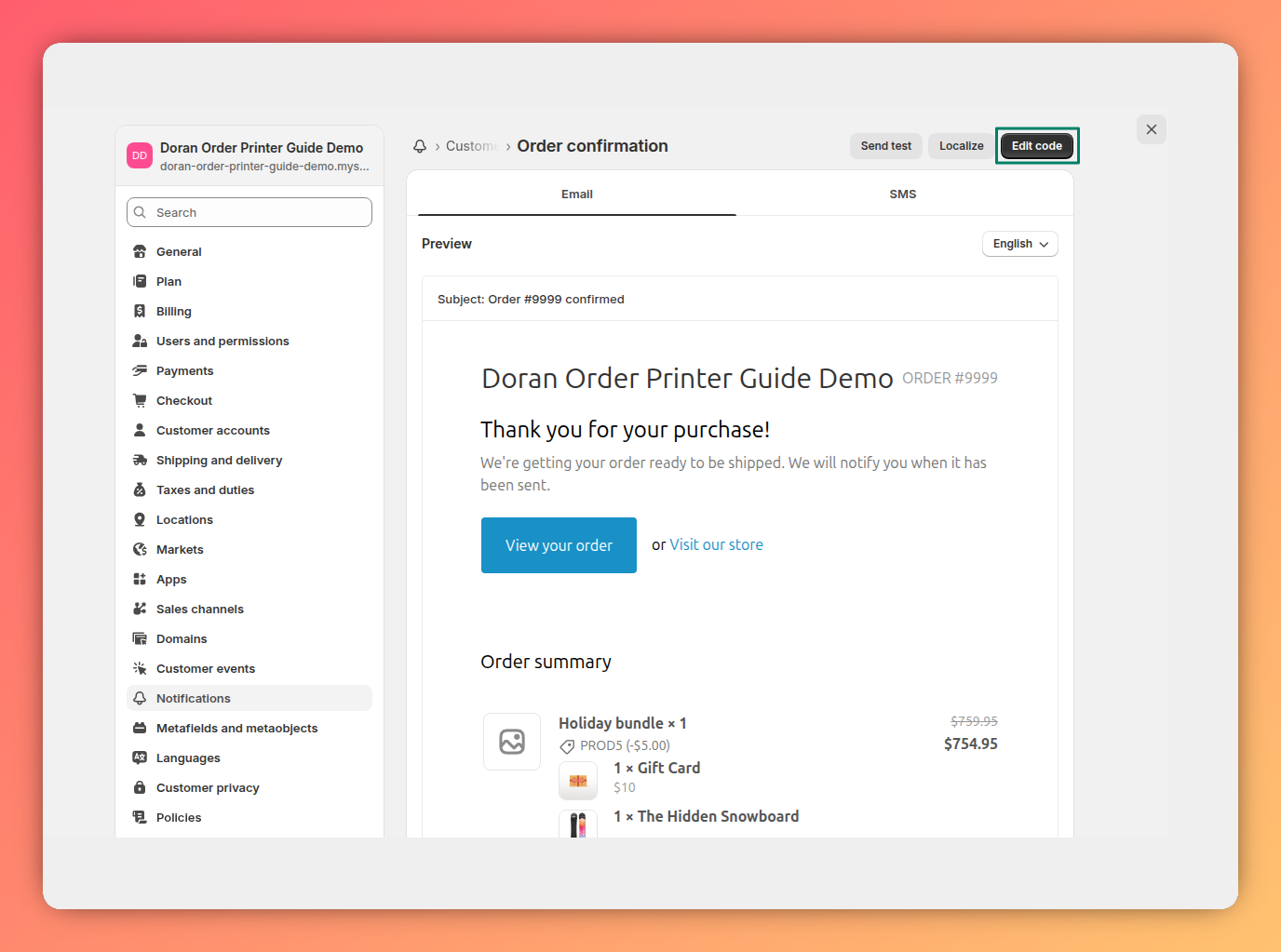 Edit code order confirmation