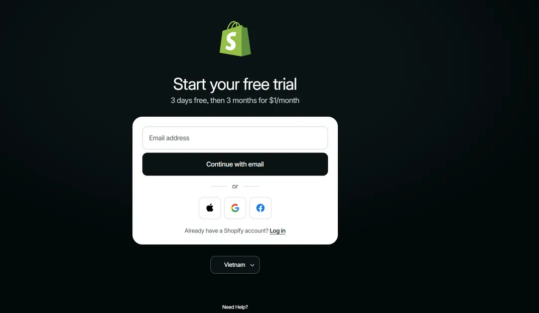 Enter your email and start the 3-day free trial on Shopify