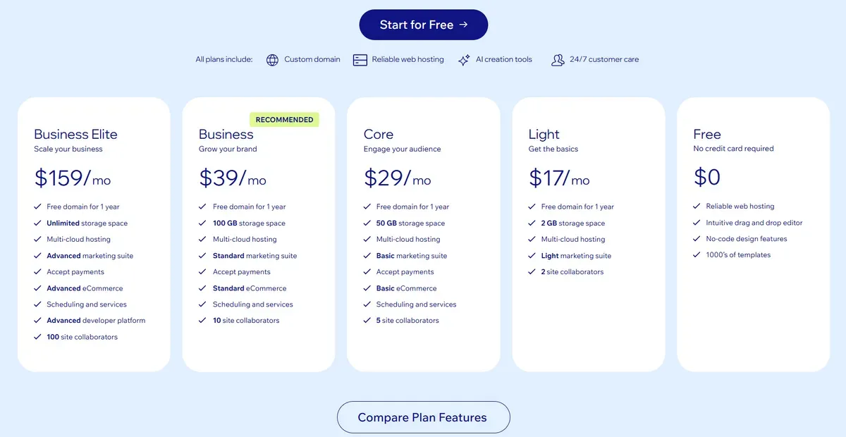 Updated Wix pricing plan in 2026