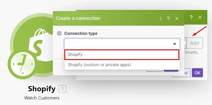 Click "Add" and choose Shopify