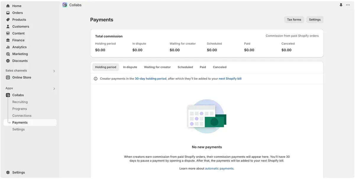 Commissions and Payments are managed on Shopify Collabs